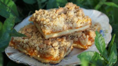 traybake slice with apricot jam and a crumble topping